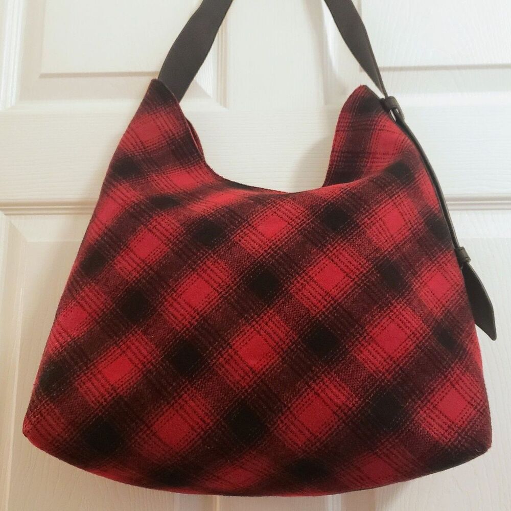 j. jill Hobo Bag Red & Black Buffalo Plaid Wool Blend Leather Strap - Picture 3 of 8